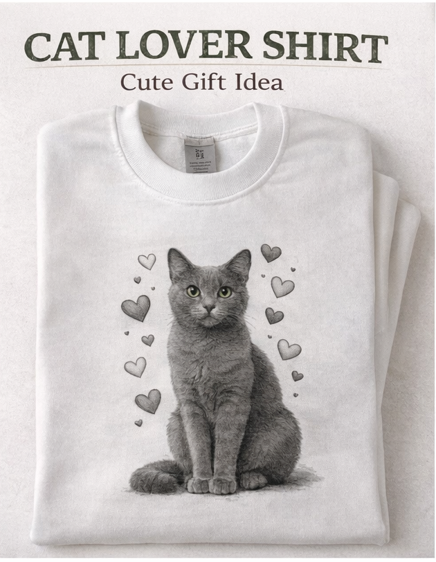 Gray Cat with Heart T-Shirt